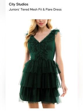 City Studio Tiered Ruffle V‑Neck Mini Dress - Forest Green